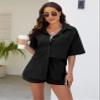 COZYPOIN Women 2 Piece Outfits Cotton Linen Short Sleeve Button Down Shirt Blouse and Shorts Set Tracksuits(Black-XL) view 2