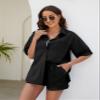 COZYPOIN Women 2 Piece Outfits Cotton Linen Short Sleeve Button Down Shirt Blouse and Shorts Set Tracksuits(Black-XL) view 3