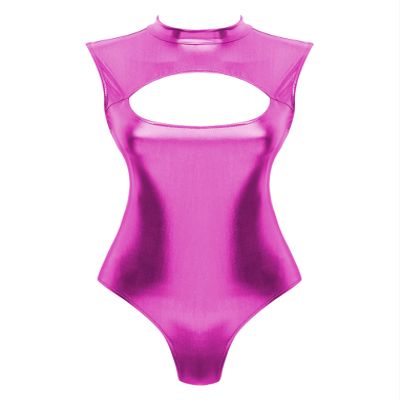 Freebily Womens Shiny Metallic Leotard Turtleneck Bodysuit Sleeveless Catsuits Dance Jumpsuits Hot Pink XX-Large