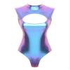 Agoky Womens Shiny Metallic Bodysuits Dance Leotard Mock Neck Wetlook Leather Hollow Out Catsuits Blue XX-Large view 4
