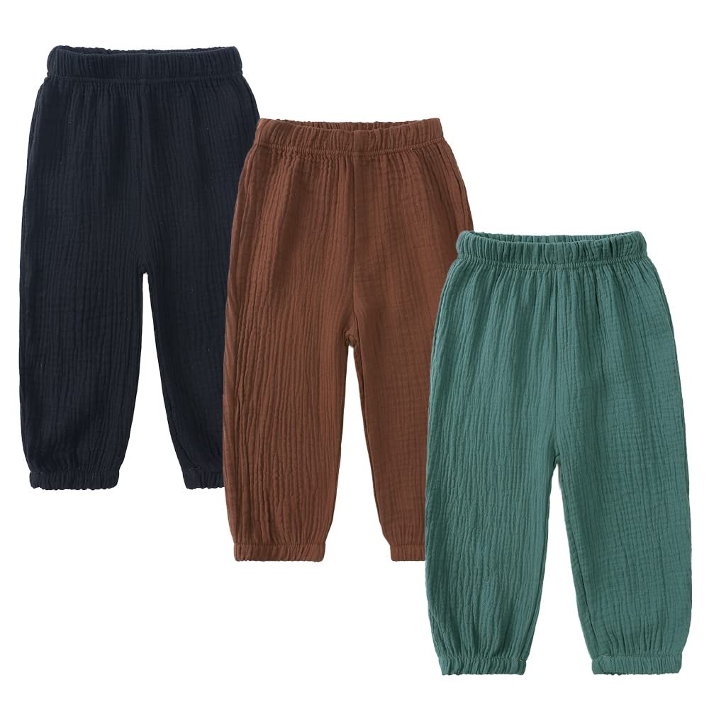 MYGBCPJS Baby Boys Girls 3 Pack Cotton Linen Long Bloomers Ankle Length Trousers Kids Lightweight Elastic Waist Harem Pants