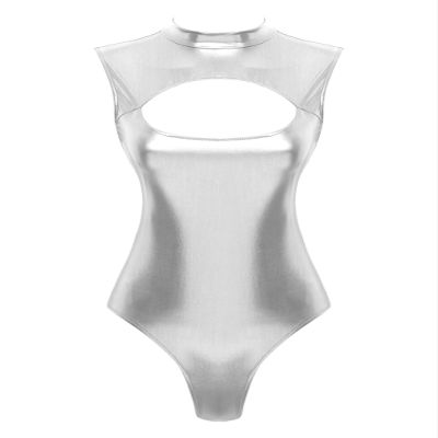 Agoky Womens Shiny Metallic Bodysuits Dance Leotard Mock Neck Wetlook Leather Hollow Out Catsuits Silver Medium