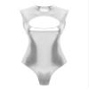 Agoky Womens Shiny Metallic Bodysuits Dance Leotard Mock Neck Wetlook Leather Hollow Out Catsuits Silver Medium view 1