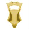 Agoky Womens Shiny Metallic Bodysuits Dance Leotard Mock Neck Wetlook Leather Hollow Out Catsuits Gold XX-Large view 1