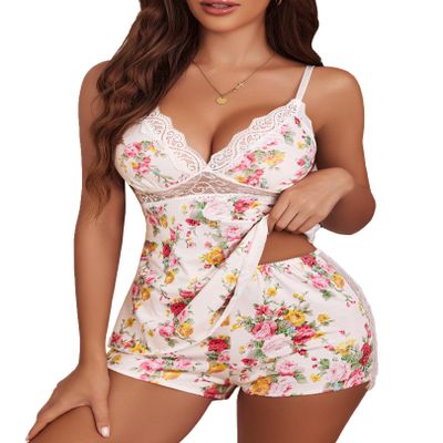 Avidlove Womens Sleepwear Lace Pajamas Cami PJS Set Pajama Set for Women White Floral