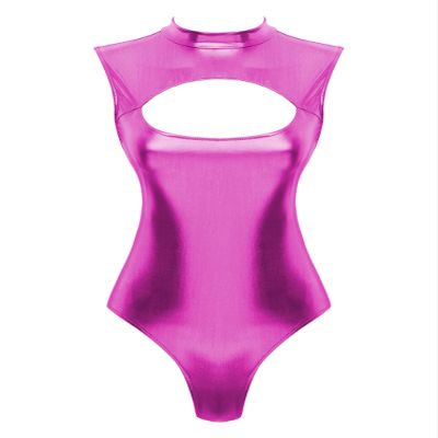 Agoky Womens Shiny Metallic Bodysuits Dance Leotard Mock Neck Wetlook Leather Hollow Out Catsuits Hot Pink Large