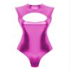 Agoky Womens Shiny Metallic Bodysuits Dance Leotard Mock Neck Wetlook Leather Hollow Out Catsuits Hot Pink Large view 1