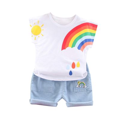 Baby Boy Casual Suit Print Short Sleeve T-Shirt Casual Shorts Set Toddlers Playwear Set (White, 5-6 Years)