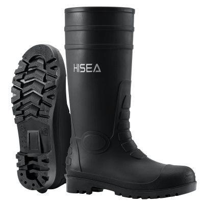 HISEA Men's Rain Boots, Waterproof PVC Boots with Steel Shank, Protective Footwear Seamless Fishing Outdoor Work Boot, Durable Anti-Slip Kneed Boot for Agriculture and Industrial Working, Black, 8