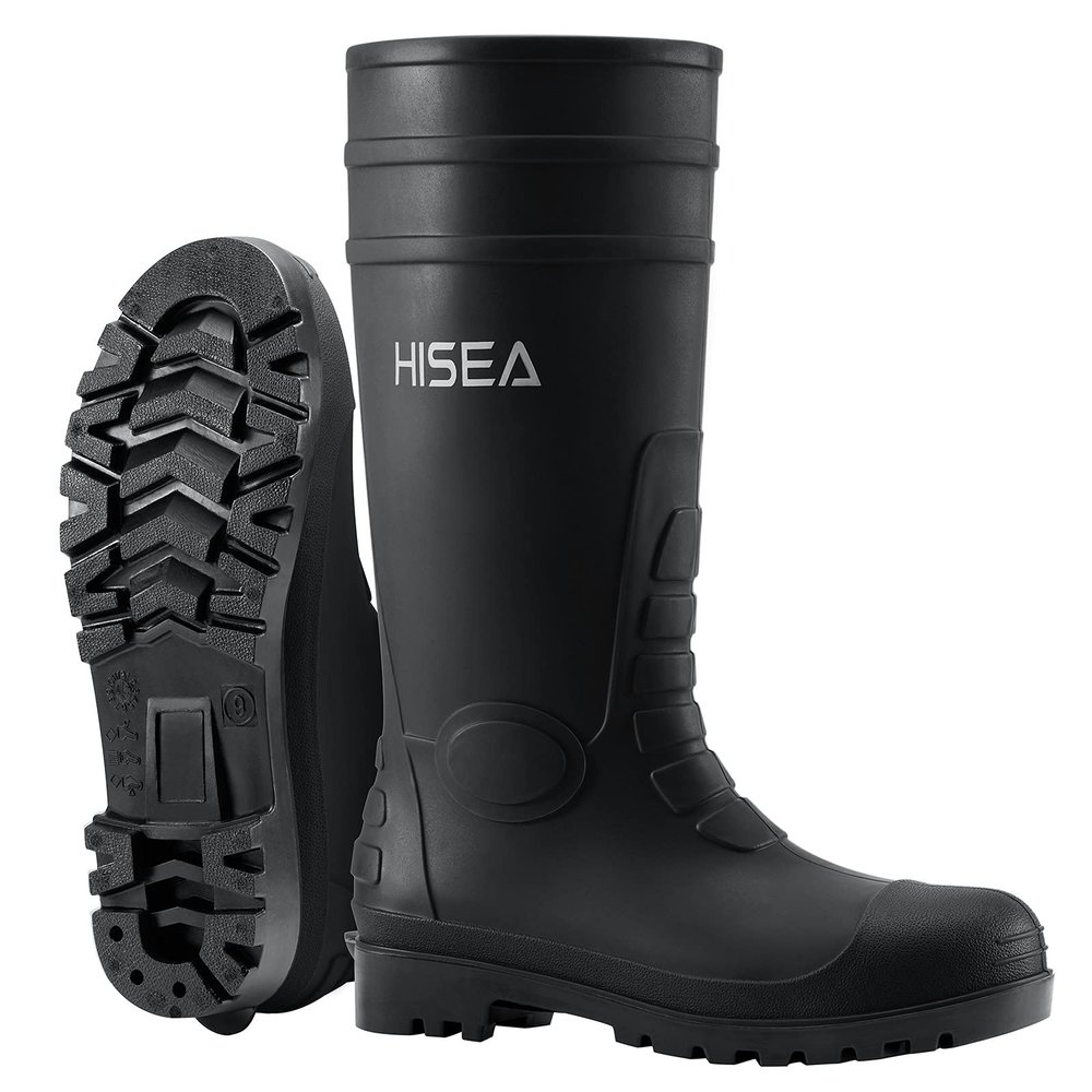 HISEA Men's Rain Boots, Waterproof PVC Boots with Steel Shank, Protective Footwear Seamless Fishing Outdoor Work Boot, Durable Anti-Slip Kneed Boot for Agriculture and Industrial Working, Black, 8
