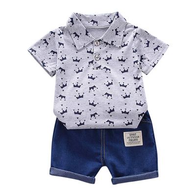 Baby Boy Casual Suit Short Sleeve Button Down Tops Casual Denim Shorts Set Toddlers Playwear Set (Grey, 18-24 Months)