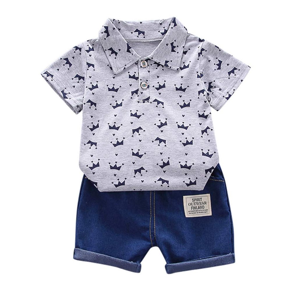 Baby Boy Casual Suit Short Sleeve Button Down Tops Casual Denim Shorts Set Toddlers Playwear Set (Grey, 18-24 Months)