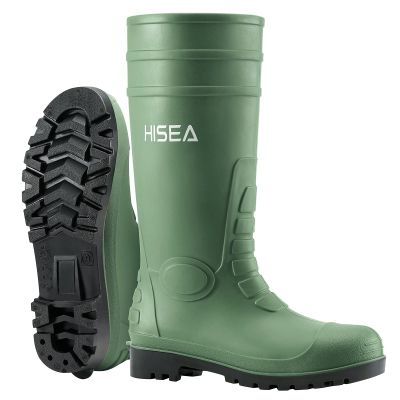 HISEA Men's Rain Boots, Waterproof PVC Boots with Steel Shank, Protective Footwear Seamless Fishing Outdoor Work Boot, Durable Anti-Slip Kneed Boot for Agriculture and Industrial Working, Green, 9