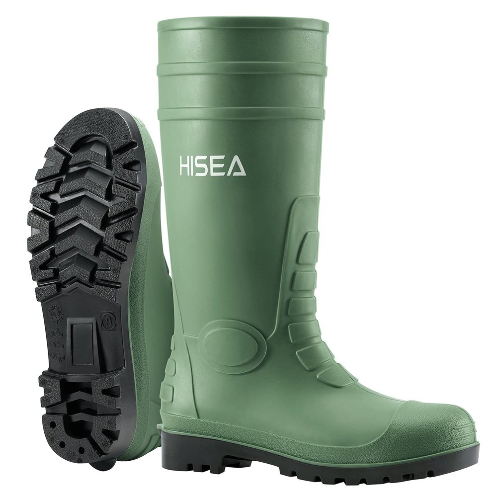 HISEA Men's Rain Boots, Waterproof PVC Boots with Steel Shank, Protective Footwear Seamless Fishing Outdoor Work Boot, Durable Anti-Slip Kneed Boot for Agriculture and Industrial Working, Green, 9