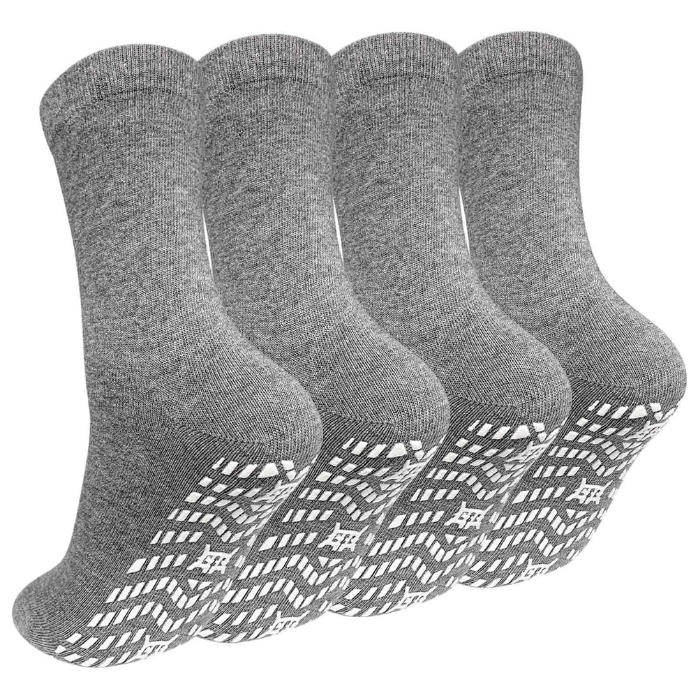 Artfasion No Slip Grippy Socks: Non Skid Grip Socks for Men Women Anti Slip Socks with Grippers for Seniors Hospital Yoga Grey 4 Pairs Size 7-10
