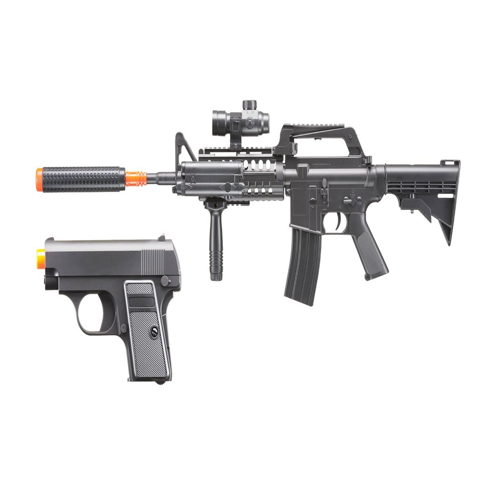 GoldenBall Lightweight ABS Tactical Airsoft M4 Gun Combo w/Potrable Airsoft Pistol(Flash Light, Laser, Grip, Sling Included)