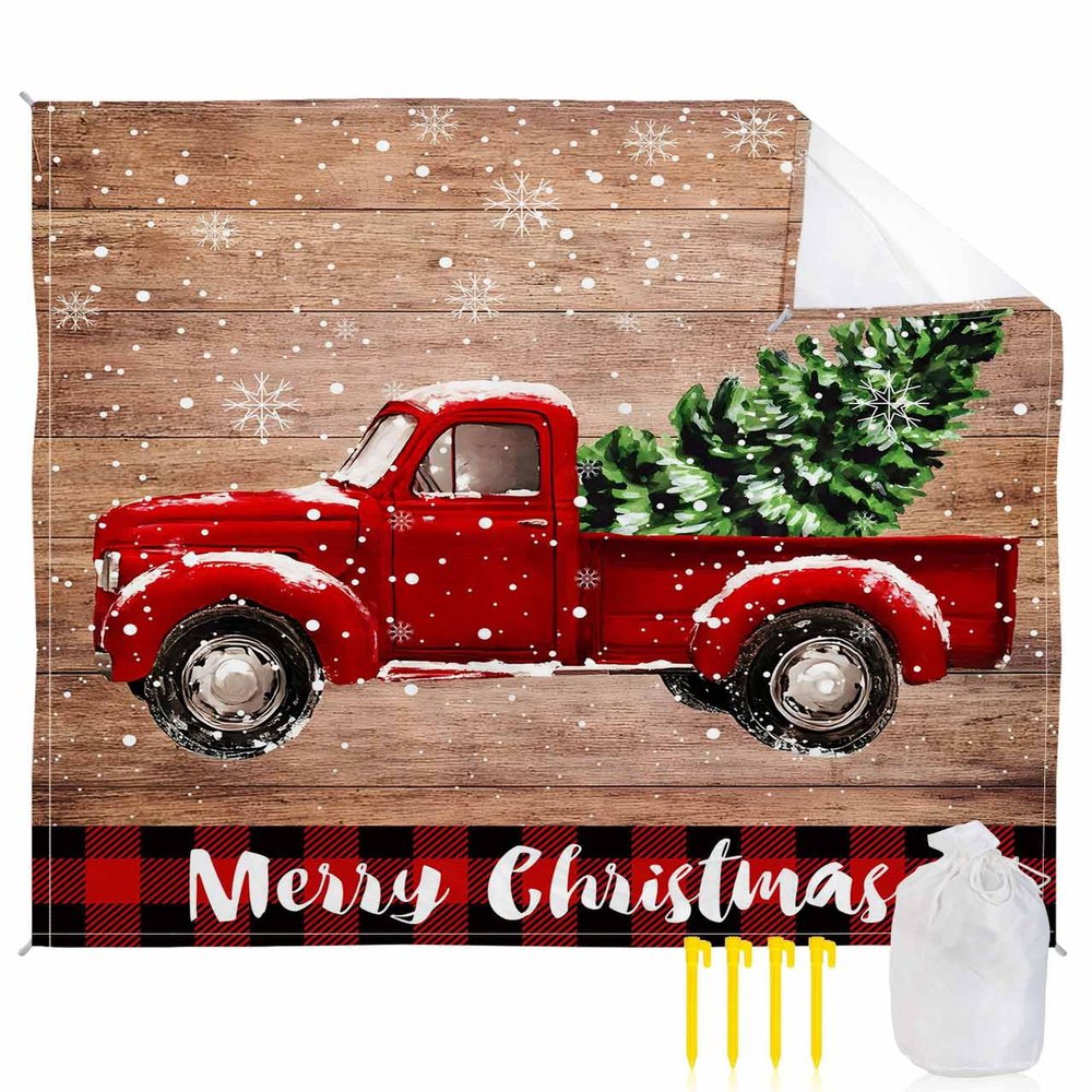 Beach Blanket, Christmas Red Car Red Plaid Vintage Wood Plank Beach Mat 83"x79" Large Picnic Blanket,Sandproof Waterproof Outdoor Beach Blankets for Travel Camping Hiking Beach Vacation