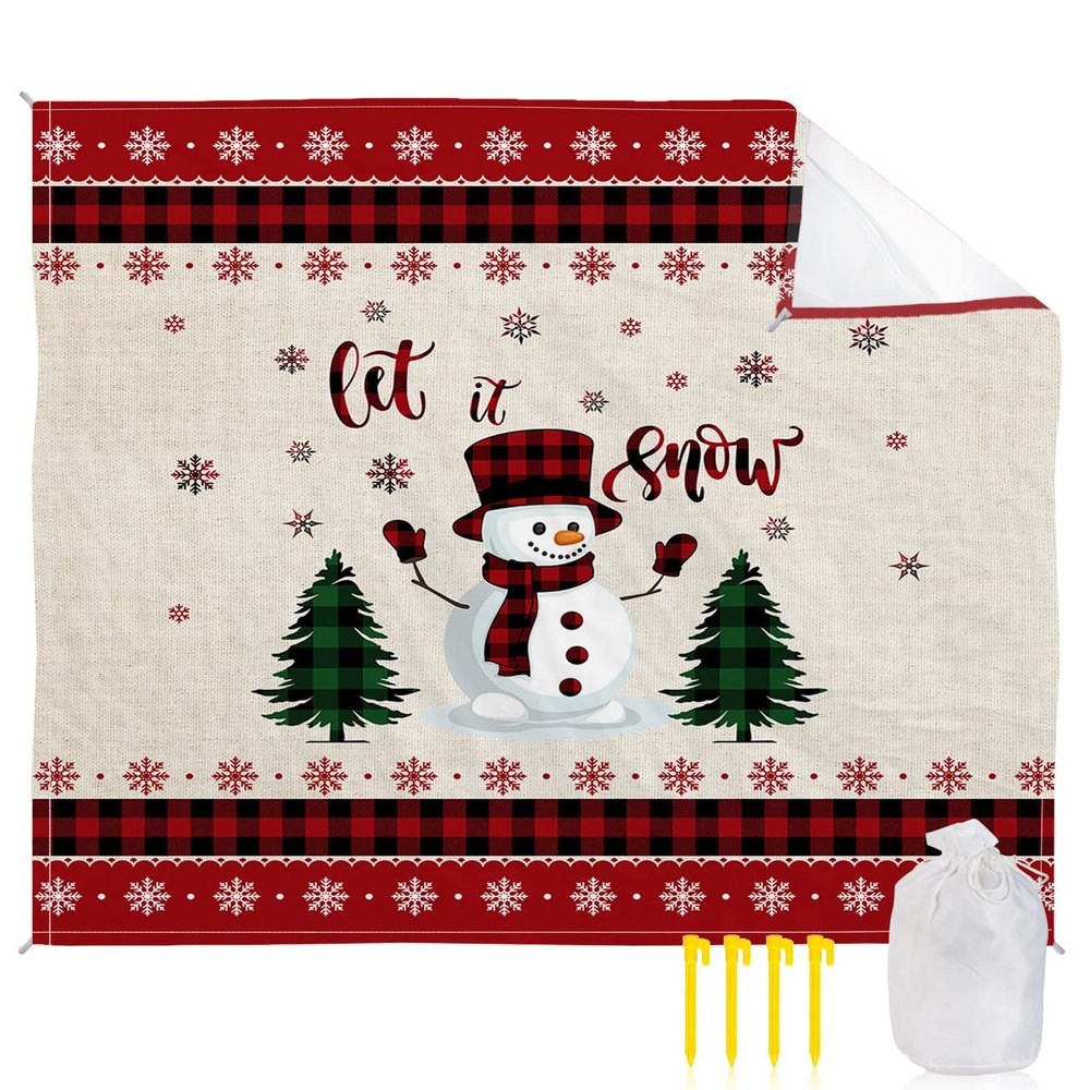 Beach Blanket, Christmas Snowman Snowflake Red and Black Buffalo Plaid Beach Mat 108"x84" Large Picnic Blanket,Sandproof Waterproof Outdoor Beach Blankets for Travel Camping Hiking Beach Vacation