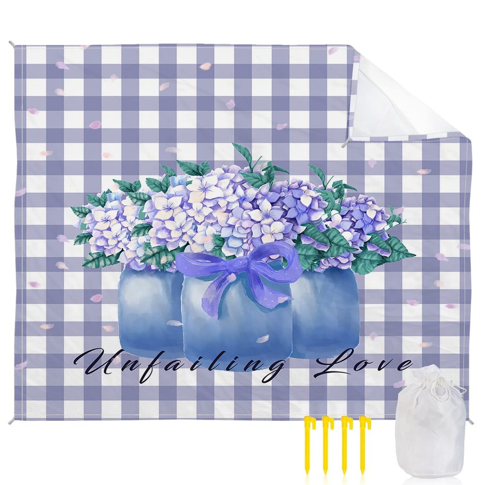 Smile Sunflower Beach Blanket, Rustic Floral Hydrangea Purple Buffalo Plaid Beach Mat 95"x80" Large Picnic Blanket,Sandproof Waterproof Outdoor Beach Blankets for Travel Camping Hiking Beach Vacation