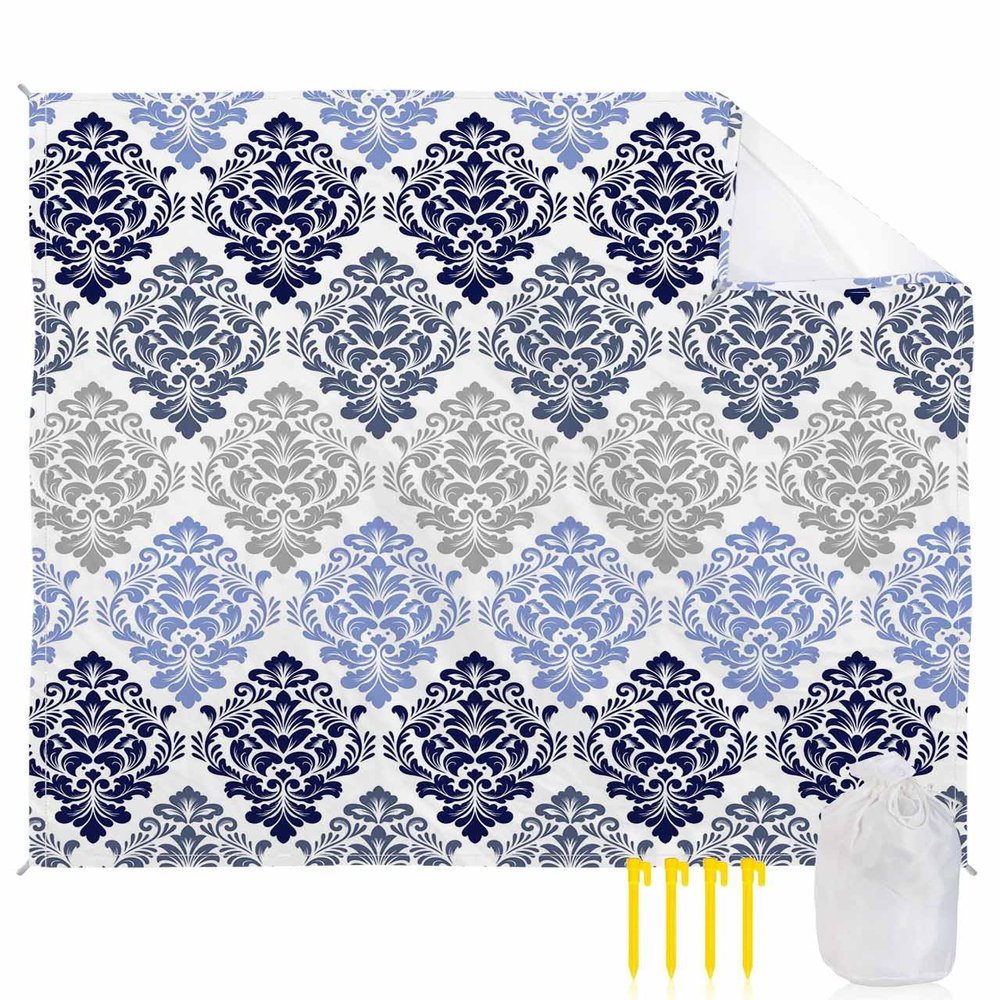 Beach Blanket, Luxury Boho Navy Blue Flowers Gradient Pattern Beach Mat 108"x84" Large Picnic Blanket,Sandproof Waterproof Outdoor Beach Blankets for Travel Camping Hiking Beach Vacation