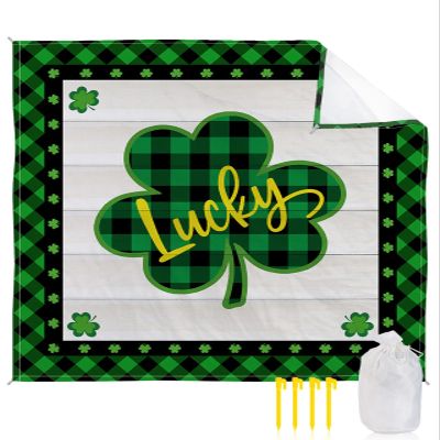 Beach Blanket, St.Patrick's Day Buffalo Plaid Lucky Shamrocks Beach Mat 108"x84" Large Picnic Blanket,Sandproof Waterproof Outdoor Beach Blankets for Travel Camping Hiking Beach Vacation