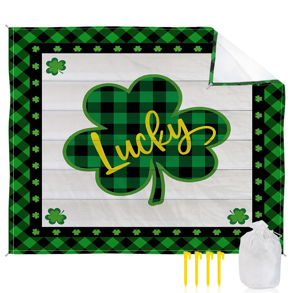 Beach Blanket, St.Patrick's Day Buffalo Plaid Lucky Shamrocks Beach Mat 108"x84" Large Picnic Blanket,Sandproof Waterproof Outdoor Beach Blankets for Travel Camping Hiking Beach Vacation