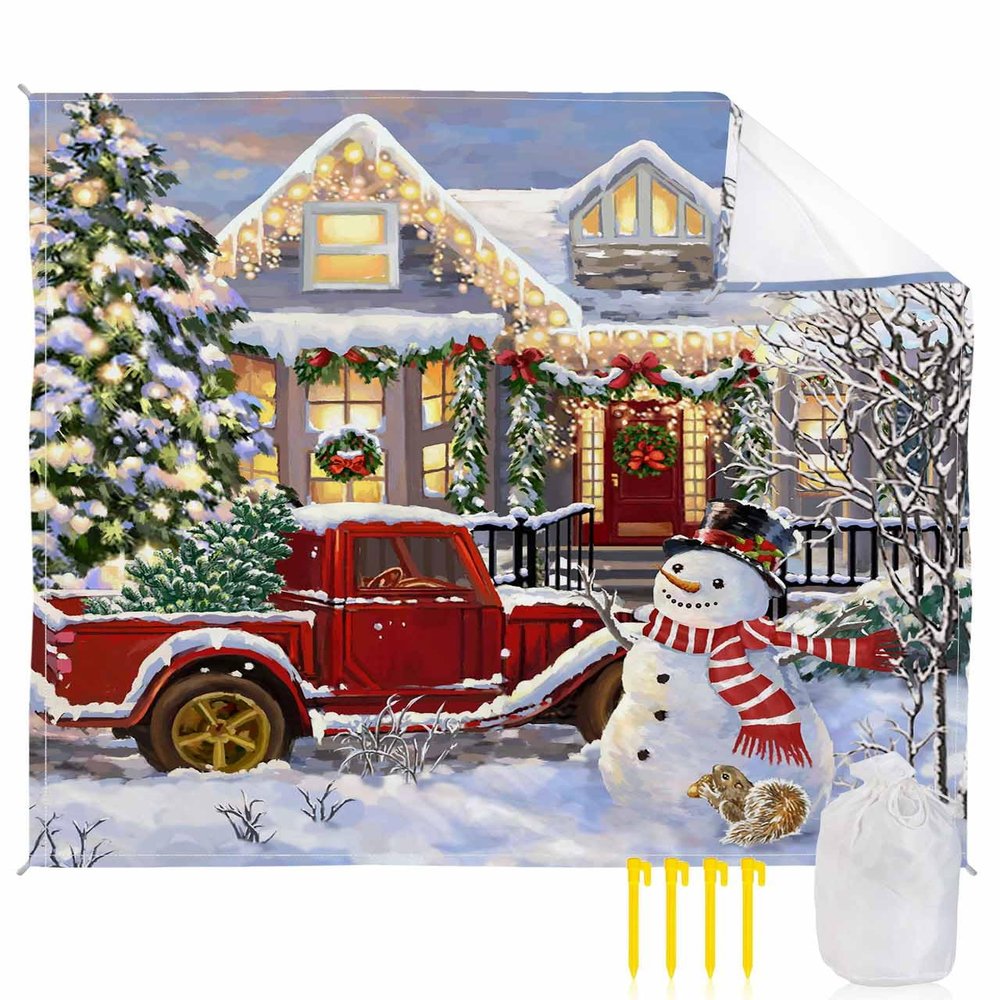 Beach Blanket, Merry Christmas Happy Snowman Red Truck Christmas Tree Beach Mat 95"x80" Large Picnic Blanket,Sandproof Waterproof Outdoor Beach Blankets for Travel Camping Hiking Beach Vacation