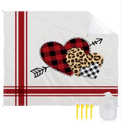 Beach Blanket, Valentine's Day Red Plaid Leopard Love Heart Beach Mat 108"x84" Large Picnic Blanket,Sandproof Waterproof Outdoor Beach Blankets for Travel Camping Hiking Beach Vacation