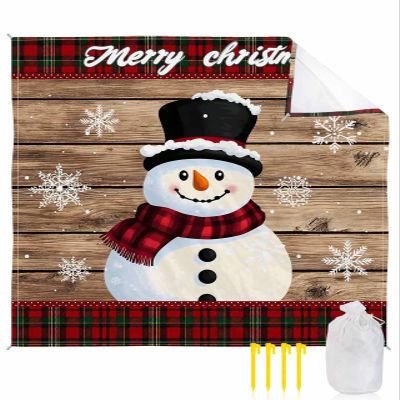 Beach Blanket, Christmas Snowman Snowflake Red Plaid Wood Grain Beach Mat 83"x79" Large Picnic Blanket,Sandproof Waterproof Outdoor Beach Blankets for Travel Camping Hiking Beach Vacation