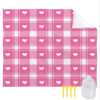 Beach Blanket, Valentine's Day Heart Retro Light Pink Buffalo Plaid Beach Mat 118"x108" Large Picnic Blanket,Sandproof Waterproof Outdoor Beach Blankets for Travel Camping Hiking Beach Vacation