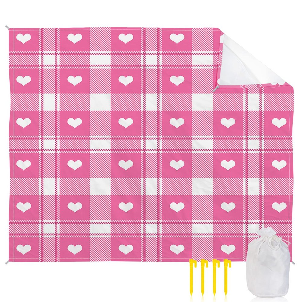 Beach Blanket, Valentine's Day Heart Retro Light Pink Buffalo Plaid Beach Mat 118"x108" Large Picnic Blanket,Sandproof Waterproof Outdoor Beach Blankets for Travel Camping Hiking Beach Vacation