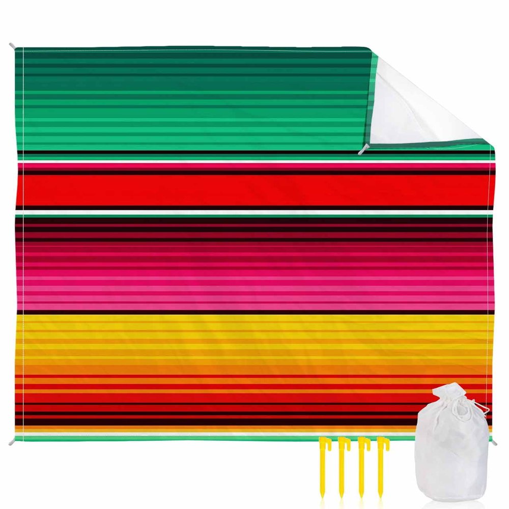 Smile Sunflower Beach Blanket, Colorful Mexican Stripes Green Red Yellow Beach Mat 83"x79" Large Picnic Blanket,Sandproof Waterproof Outdoor Beach Blankets for Travel Camping Hiking Beach Vacation