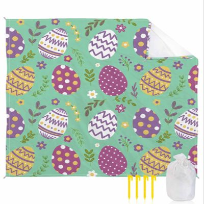 Beach Blanket, Easter Spring Colorful Eggs Floral Green Background Beach Mat 108"x84" Large Picnic Blanket,Sandproof Waterproof Outdoor Beach Blankets for Travel Camping Hiking Beach Vacation