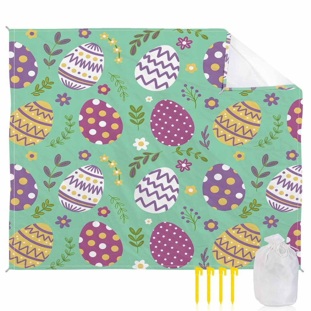 Beach Blanket, Easter Spring Colorful Eggs Floral Green Background Beach Mat 108"x84" Large Picnic Blanket,Sandproof Waterproof Outdoor Beach Blankets for Travel Camping Hiking Beach Vacation