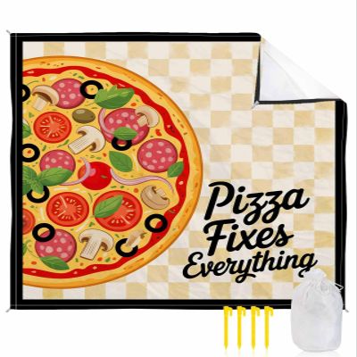 Smile Sunflower Beach Blanket, Delicious Pizza Retro Yellow and White Plaid Beach Mat 83"x79" Large Picnic Blanket,Sandproof Waterproof Outdoor Beach Blankets for Travel Camping Hiking Beach Vacation