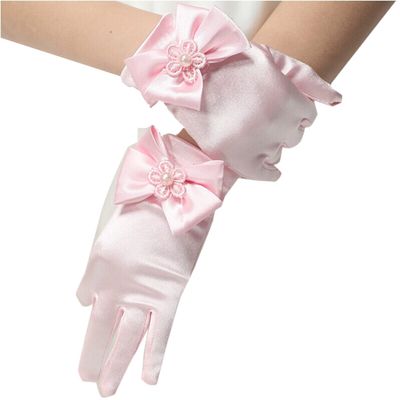LeJulyeekay Flower Girl Gloves Lace Bead Short White Princess Gloves for Wedding (Z-pink, 4-7 Years)