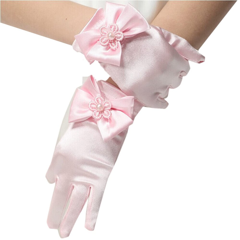 LeJulyeekay Flower Girl Gloves Lace Bead Short White Princess Gloves for Wedding (Z-pink, 4-7 Years)