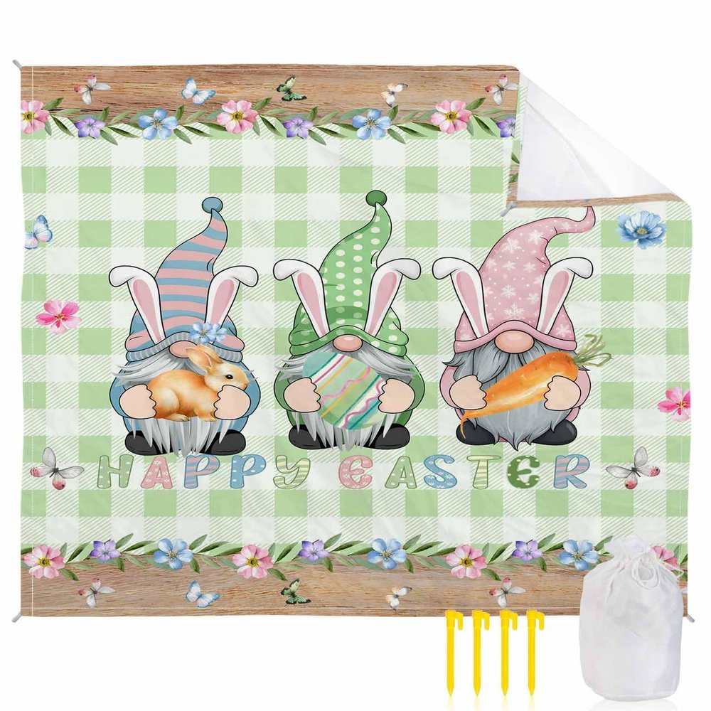 Beach Blanket, Easter Painted Eggs Rabbits Gnomes Green Buffalo Plaid Beach Mat 108"x84" Large Picnic Blanket,Sandproof Waterproof Outdoor Beach Blankets for Travel Camping Hiking Beach Vacation