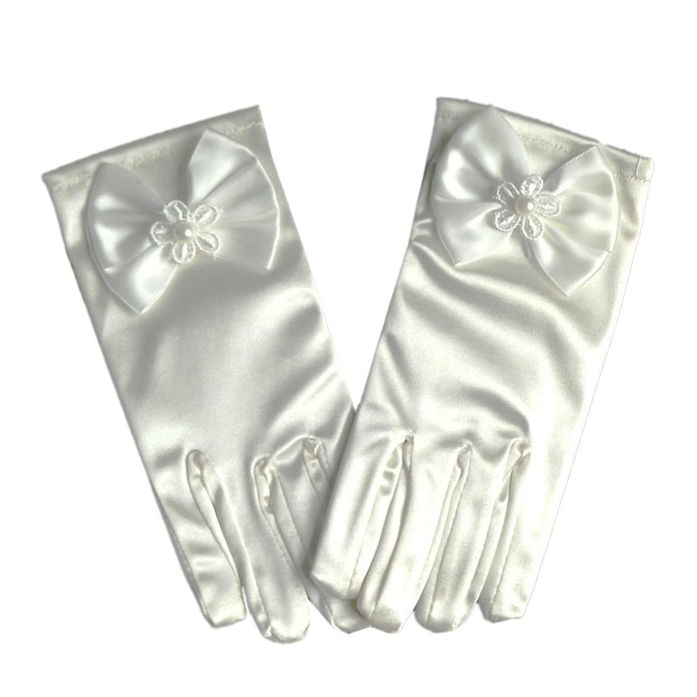 LeJulyeekay Flower Girl Gloves Lace Bead Short White Princess Gloves for Wedding (Z-ivory, 8-14 Years)