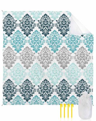 Beach Blanket, Luxury Boho Aqua Flowers Gradient Pattern Beach Mat 108"x84" Large Picnic Blanket,Sandproof Waterproof Outdoor Beach Blankets for Travel Camping Hiking Beach Vacation