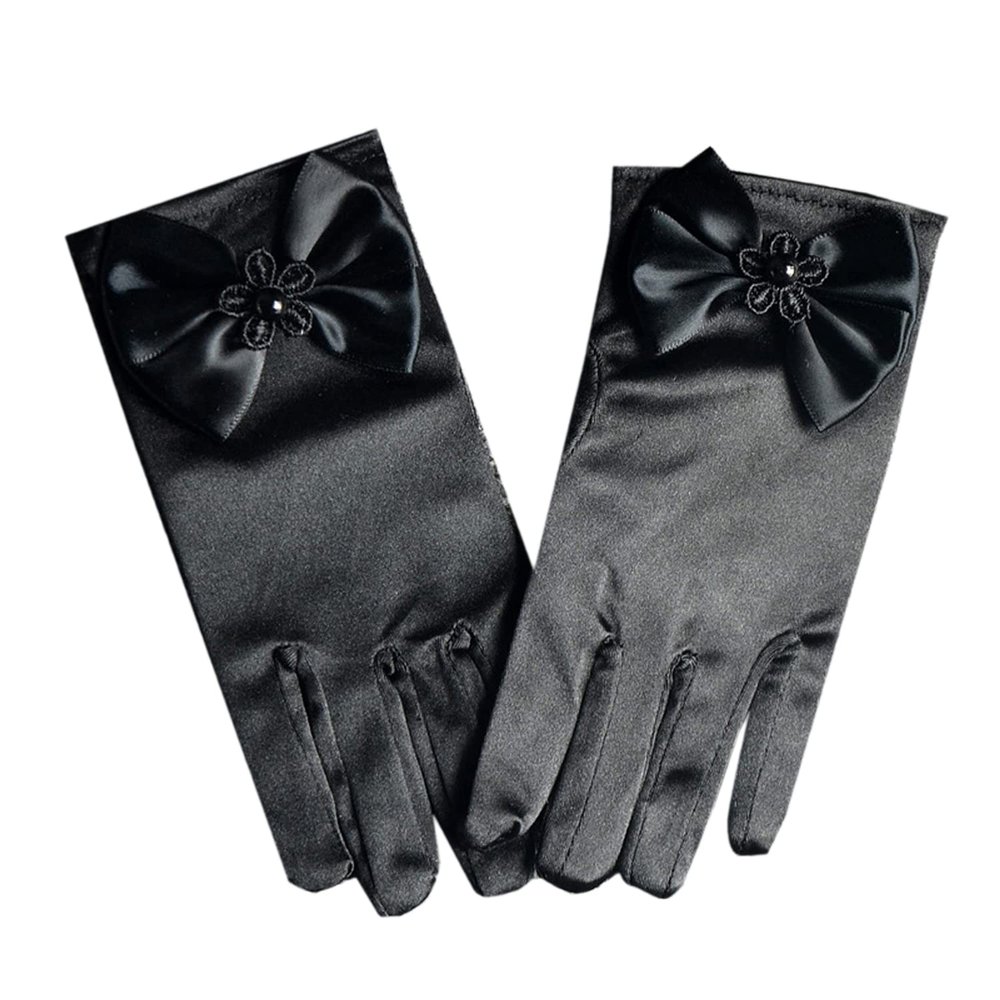 LeJulyeekay Flower Girl Gloves Lace Bead Short White Princess Gloves for Wedding (Z1-black, 8-14 Years)