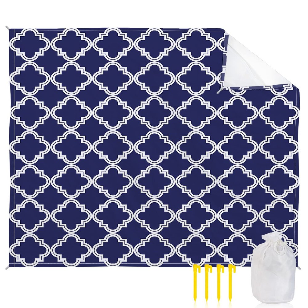 Smile Sunflower Beach Blanket, Navy Blue Moroccan Pattern Geometric Beach Mat 108"x84" Large Picnic Blanket,Sandproof Waterproof Outdoor Beach Blankets for Travel Camping Hiking Beach Vacation