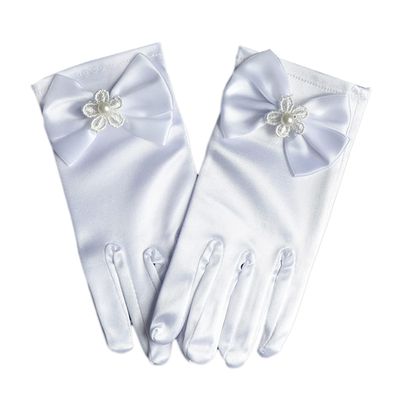 LeJulyeekay Flower Girl Gloves Lace Bead Short White Princess Gloves for Wedding (Z-white, 4-7 Years)