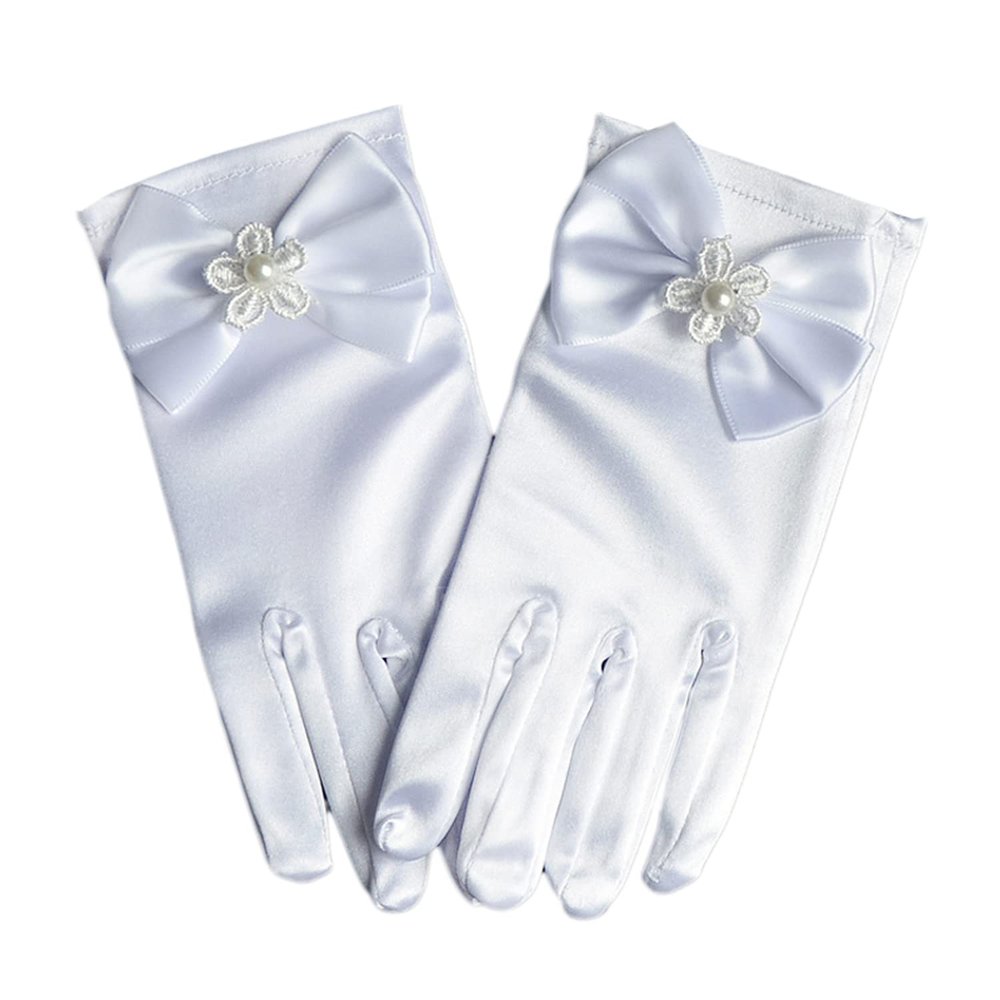 LeJulyeekay Flower Girl Gloves Lace Bead Short White Princess Gloves for Wedding (Z-white, 4-7 Years)