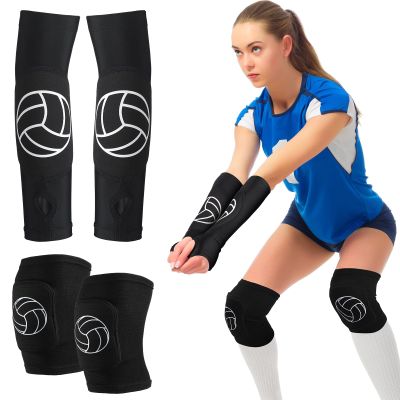Hungdao 1 Set Volleyball Knee Pad and Arm Sleeve Volleyball Accessories Stuff Forearm Elbow Sleeve Wrist Guard with Protection Pad and Thumb Hole for Women Men Adult(Stylish)