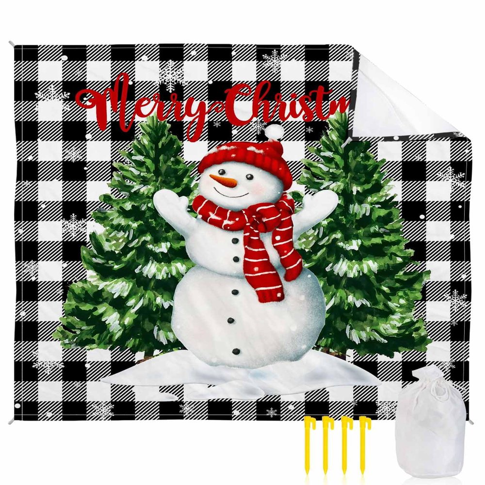 Beach Blanket, Christmas Snowman Xmas Tree Black Buffalo Plaid Beach Mat 83"x79" Large Picnic Blanket,Sandproof Waterproof Outdoor Beach Blankets for Travel Camping Hiking Beach Vacation