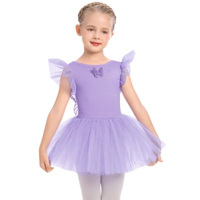 Girl Gymnastics Leotards with Tutu Skirt Kids Ballet Dance Dress Leotard for Girls Butterfly Wings Ballerina Stage Performance Traning Outfit Dancewear Ballet Skirts for Girls Lavender 9-10Y