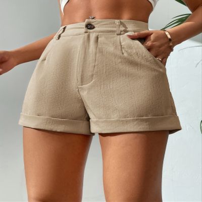 AMDMG Shorts for Women Slant Pocket Button Front Shorts (Color : Apricot, Size : Large)