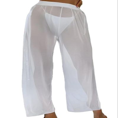 aihuajie Cover up Pants for Women, Mesh Bikini Bottoms Swimsuit Cover up Wide Leg Beach Pants (White,L)