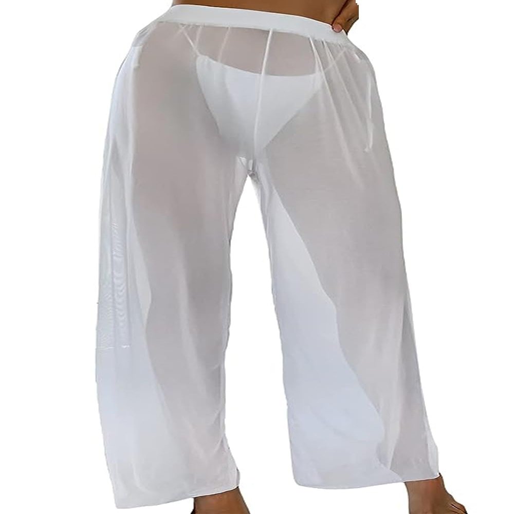 aihuajie Cover up Pants for Women, Mesh Bikini Bottoms Swimsuit Cover up Wide Leg Beach Pants (White,L)